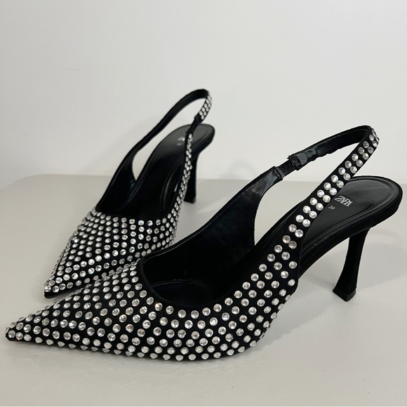 Zara High Heel Slingback Shoes with Rhinestones Size 8.5 - Picture 3 of 12